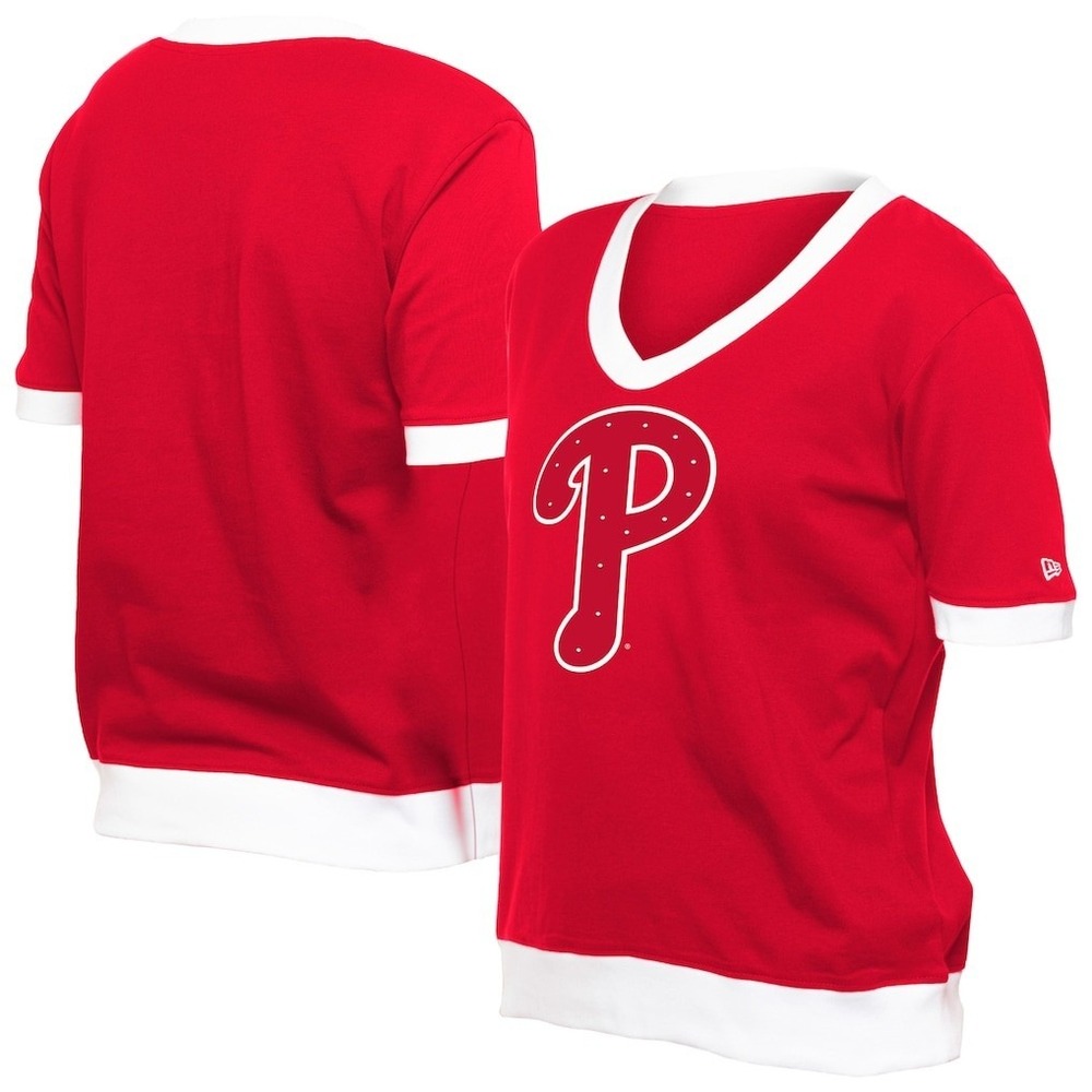 Era Philadelphia Phillies MLB Red V-Neck Ringer T-Shirt Rhinestone Women XL New